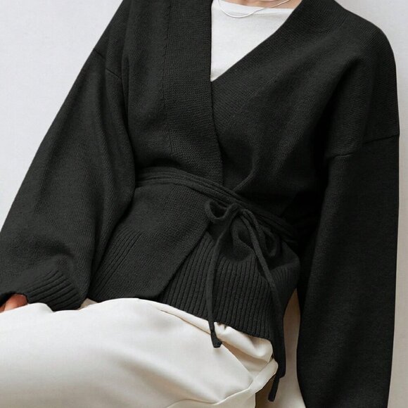 Black Casual Women's Drop Shoulder Belted Cardigan - Picture 3 of 5
